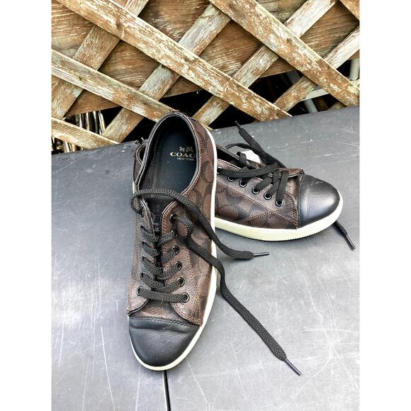COACH Brown Leather Signature Logo Low Top Lace Up Sneakers Size 9B Women - Picture 1 of 6